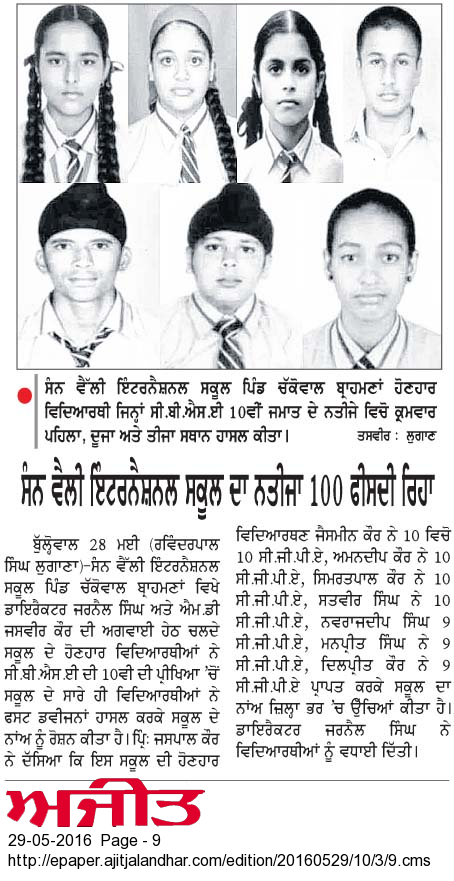 Press Note (Ajit Hoshiarpur): Result of CBSE's 10th standard was announced on 28th May, 2016. Simrat Pal Kaur, Jasmeen Kaur, Amandeep Kaur and Satvir Singh got 10CGPA; Navrajdeep, Manpreet Singh and Dilpreet Kaur got 9 CGPA and rest of the students passed with 1st Division. "These students weren't lucky, they earned it"  Chairman Mr Jarnail Singh, MD Mrs Jasbir Kaur and Principal Mrs Jaspal Kaur Congratulated the Students